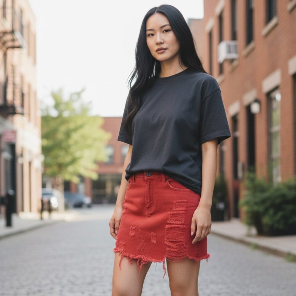 Caffeine Red Distressed Denim Mini Skirt Womens M Stretch Jean Short Raw Hem